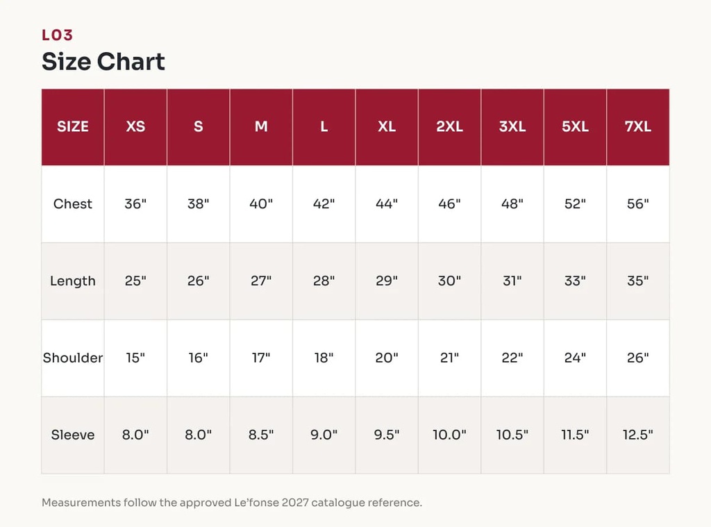 L03 Size Chart