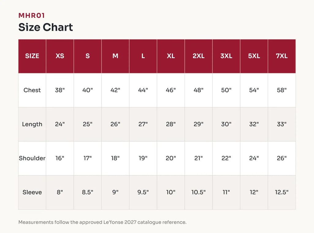 MHR01 Size Chart