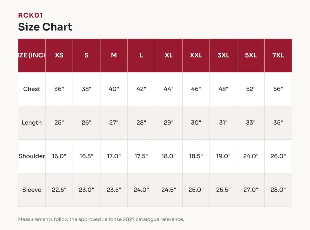 RCK01 Size Chart