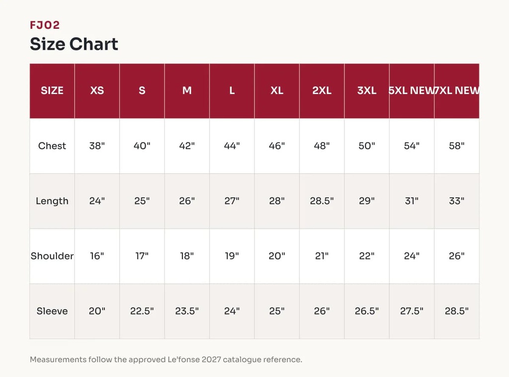 FJ02 Size Chart