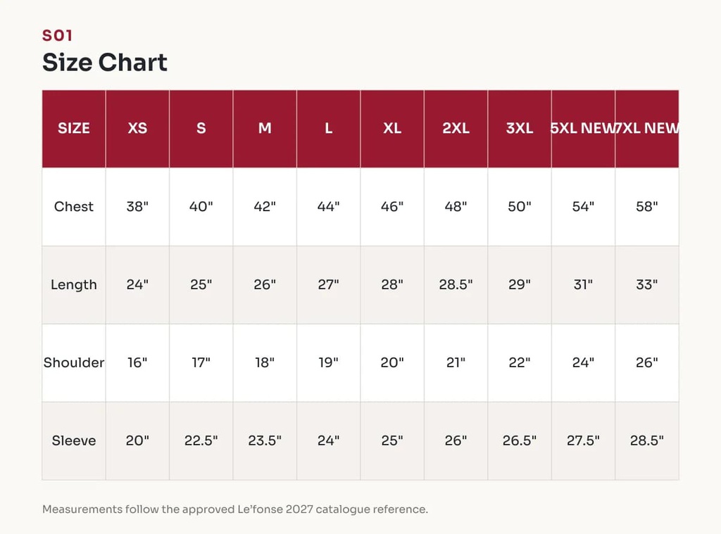 S01 Size Chart