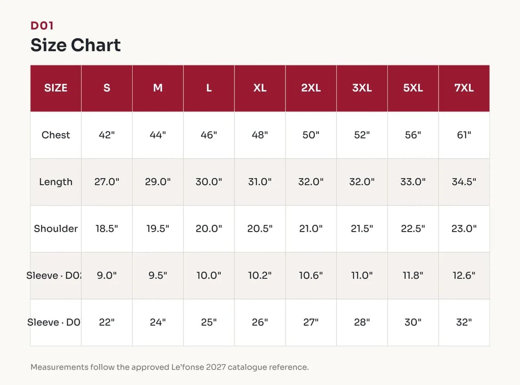 D01 Size Chart