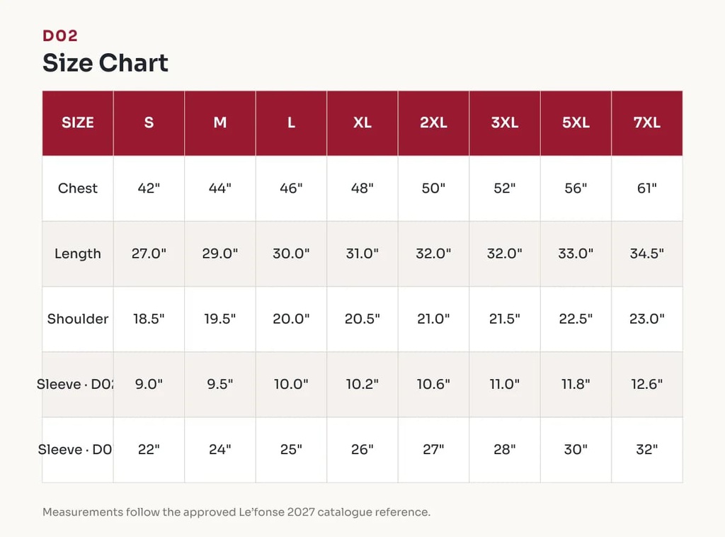 D02 Size Chart