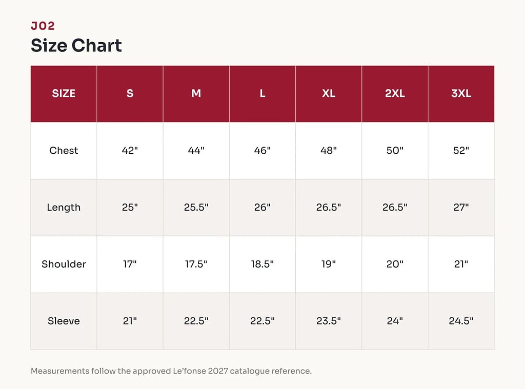 J02 Size Chart