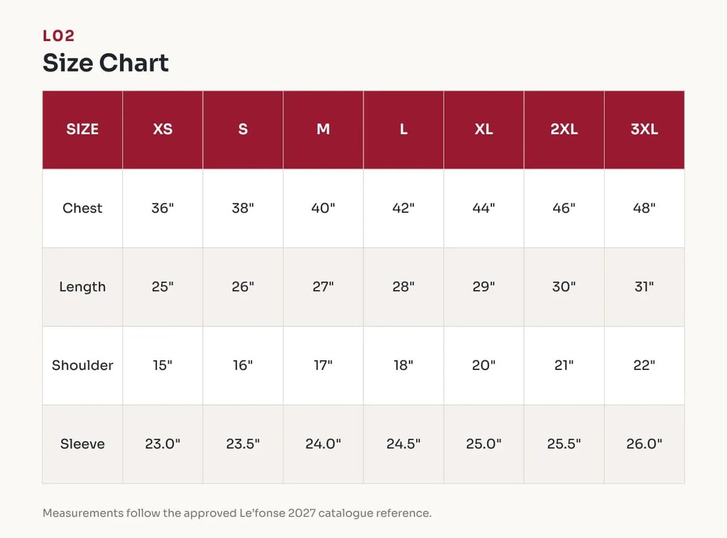 L02 Size Chart